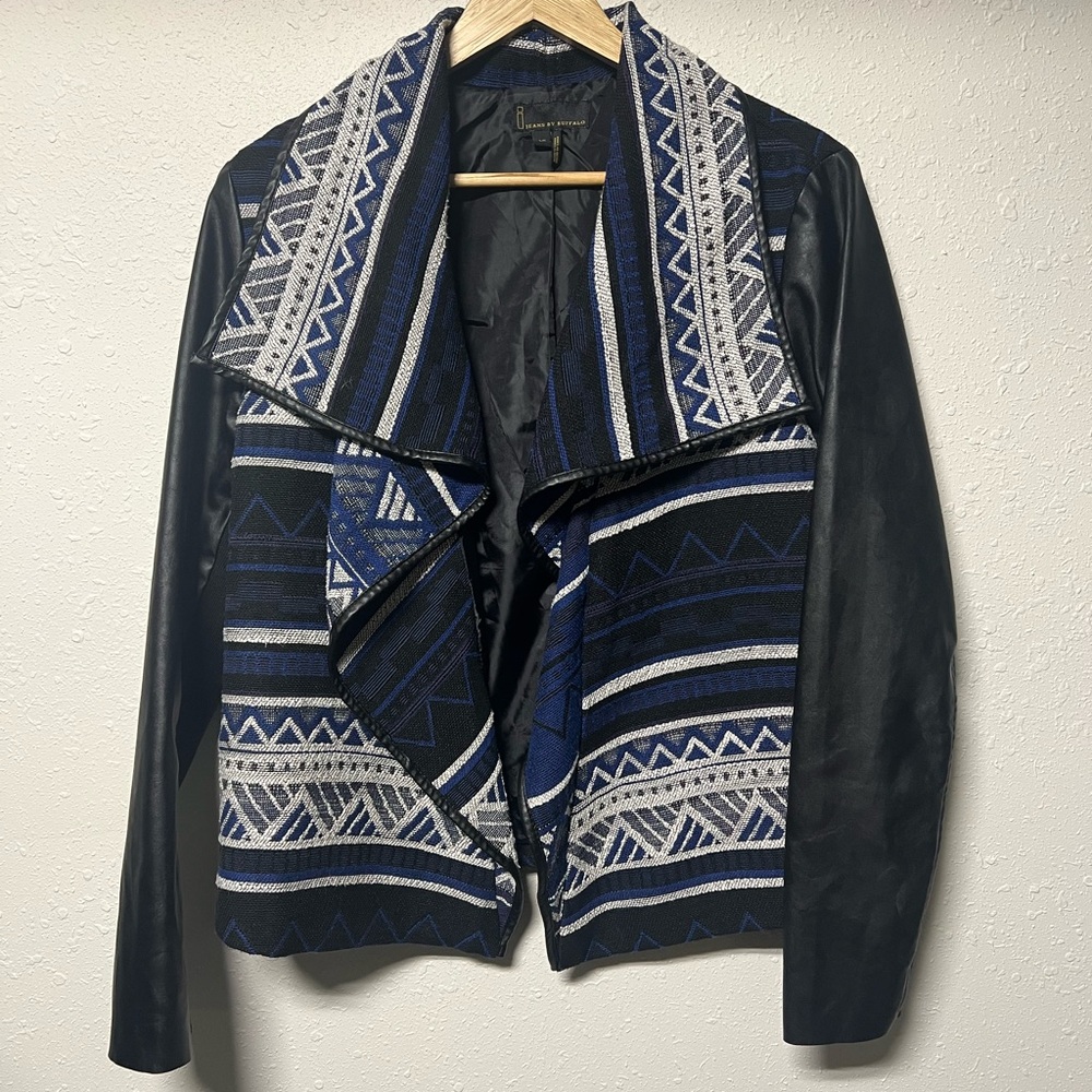 i Jeans By Buffalo Woman’s‎ Large Blue Black Aztec Pattern Jacket Faux Leather